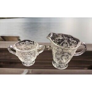Vtg Fostoria Creamer & Open Sugar Set Elegant Etched Glass Raised Fleur De Le